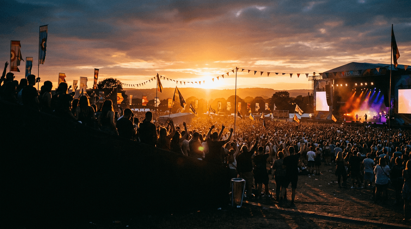 Festival crowd at sunset with stage lights and flags