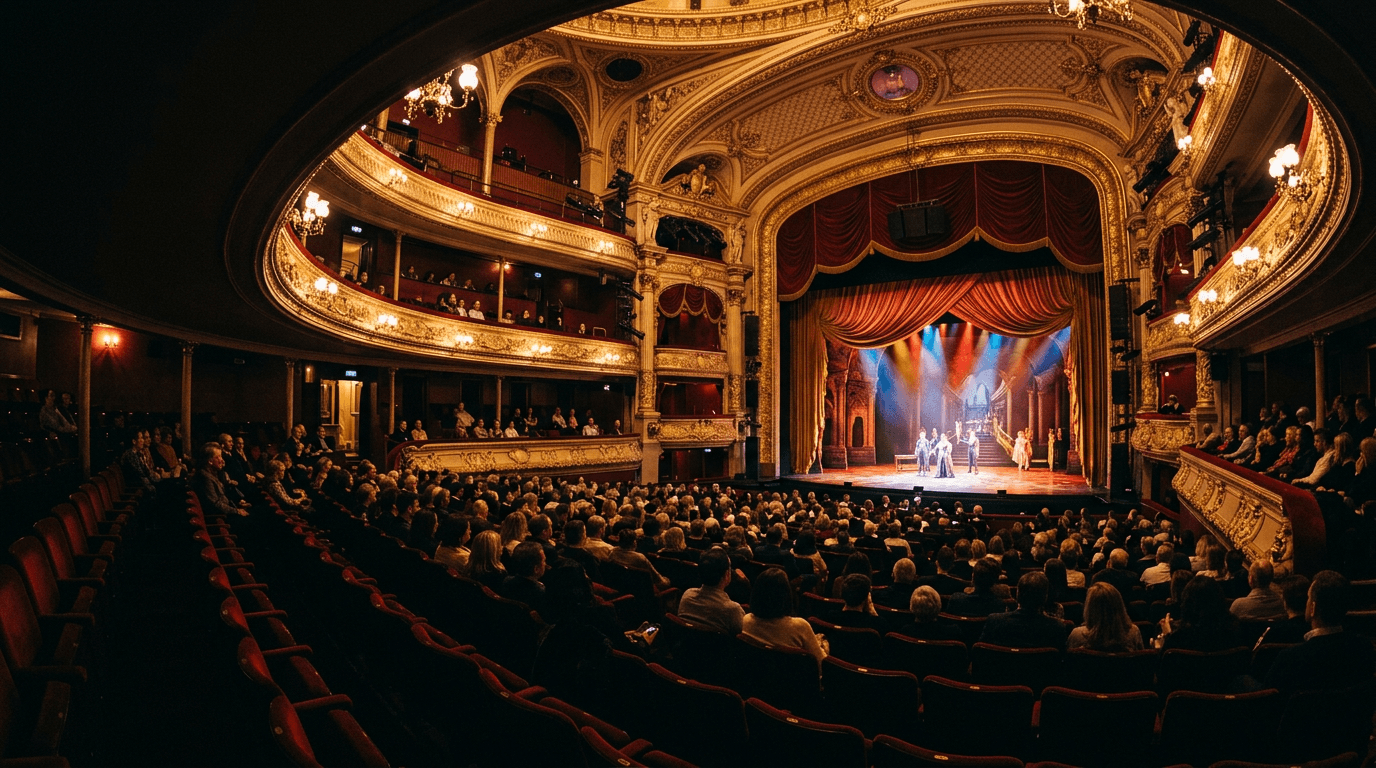 Elegant theatre auditorium with red seats and a lit stage
