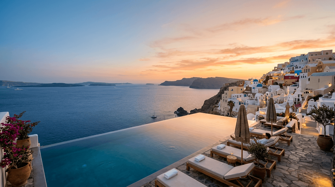 Whitewashed Greek island village overlooking a deep blue sea